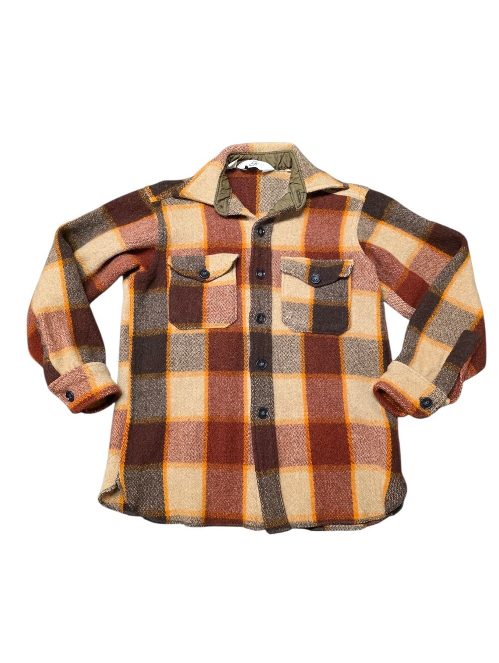 Vintage 70s Woolrich Shadow Plaid Wool Shirt Jacket CPO Shacket Earth Tones M
